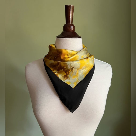 Vintage Marbled Scarf, Italian Silk Square Scarf, Gold Yellow Marble